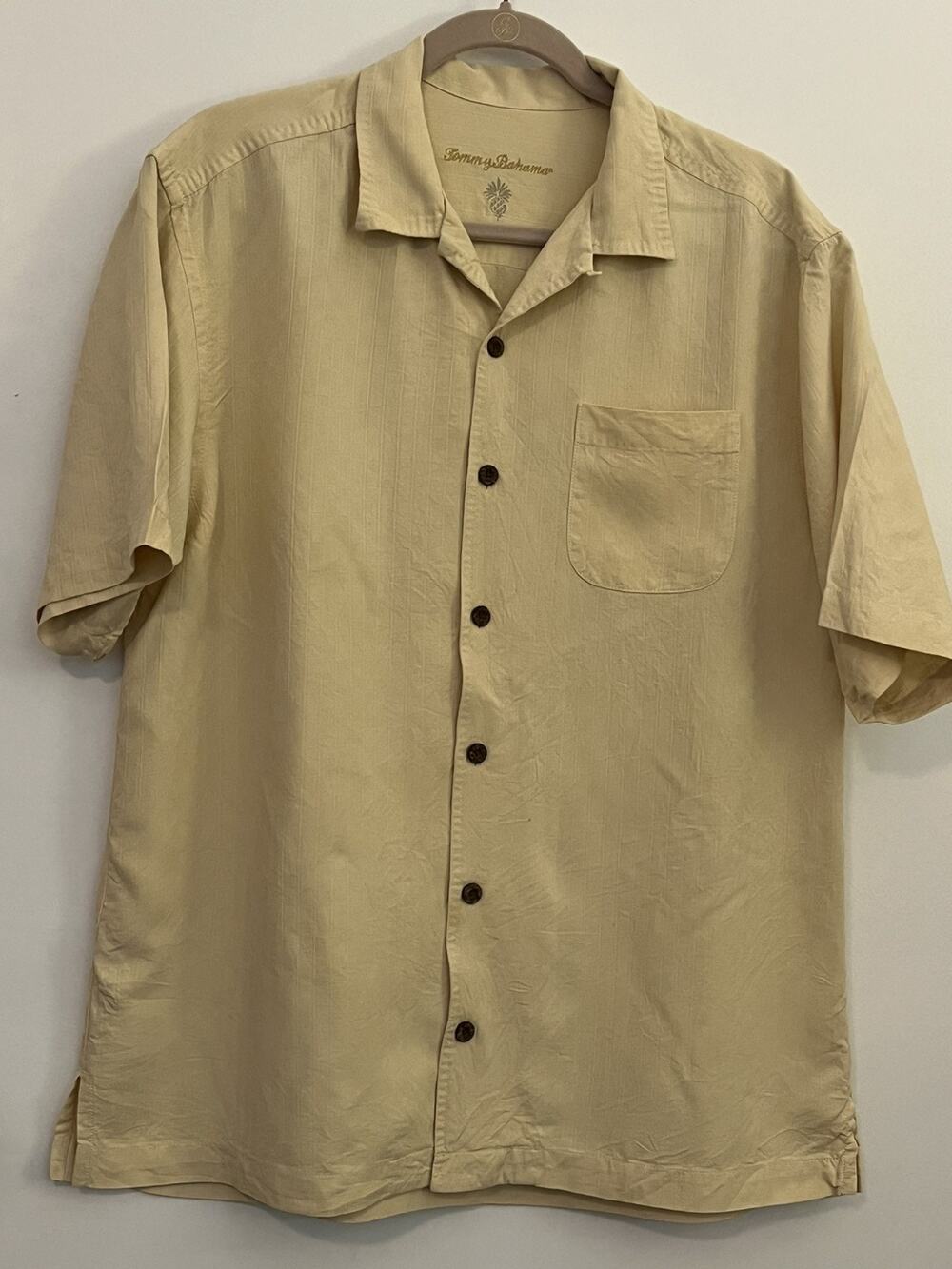 Tommy Bahama Men’s M Silk Jacquard Stripe Camp Shirt Beige Yellow